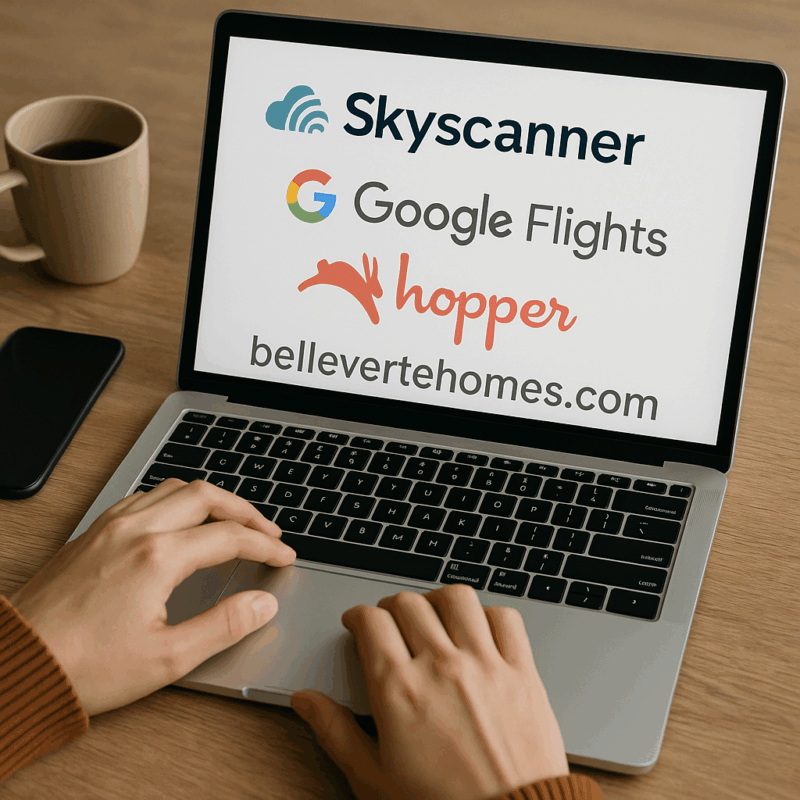 Hands on a laptop keyboard with travel platforms like Skyscanner, Google Flights, Hopper, and bellevertehomes.com displayed on the screen, suggesting ways to find the best travel deals.