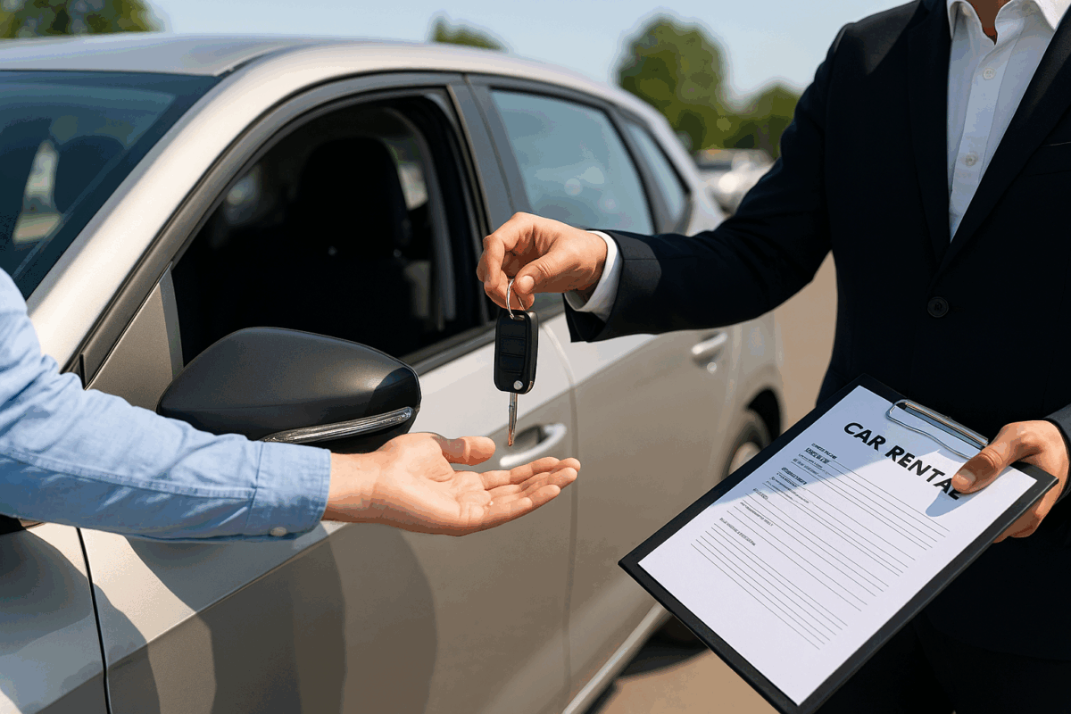 A person handing over car keys to a traveler next to a rental car, with a clipboard labeled “Car Rental,” illustrating the process of renting a car.