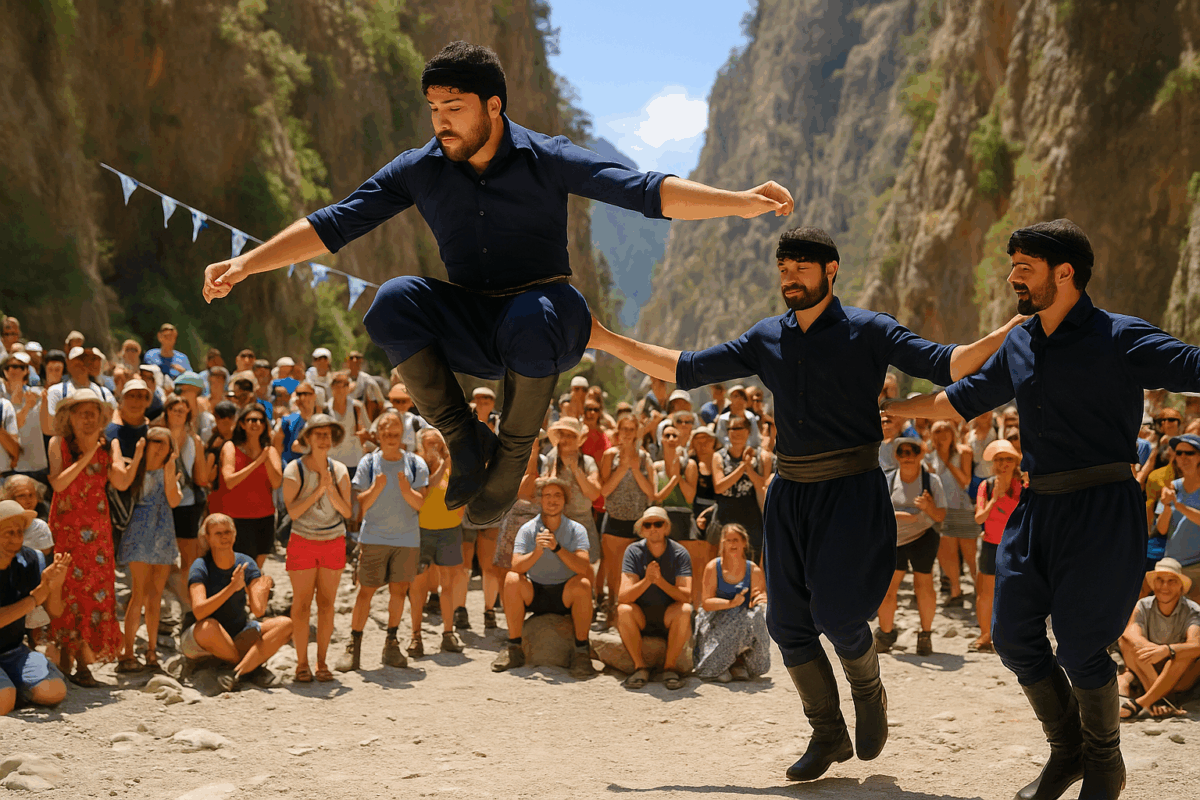 Cretan men dressed in traditional clothing perform a high-energy folk dance in front of a cheering crowd at a cultural festival in a dramatic outdoor setting.