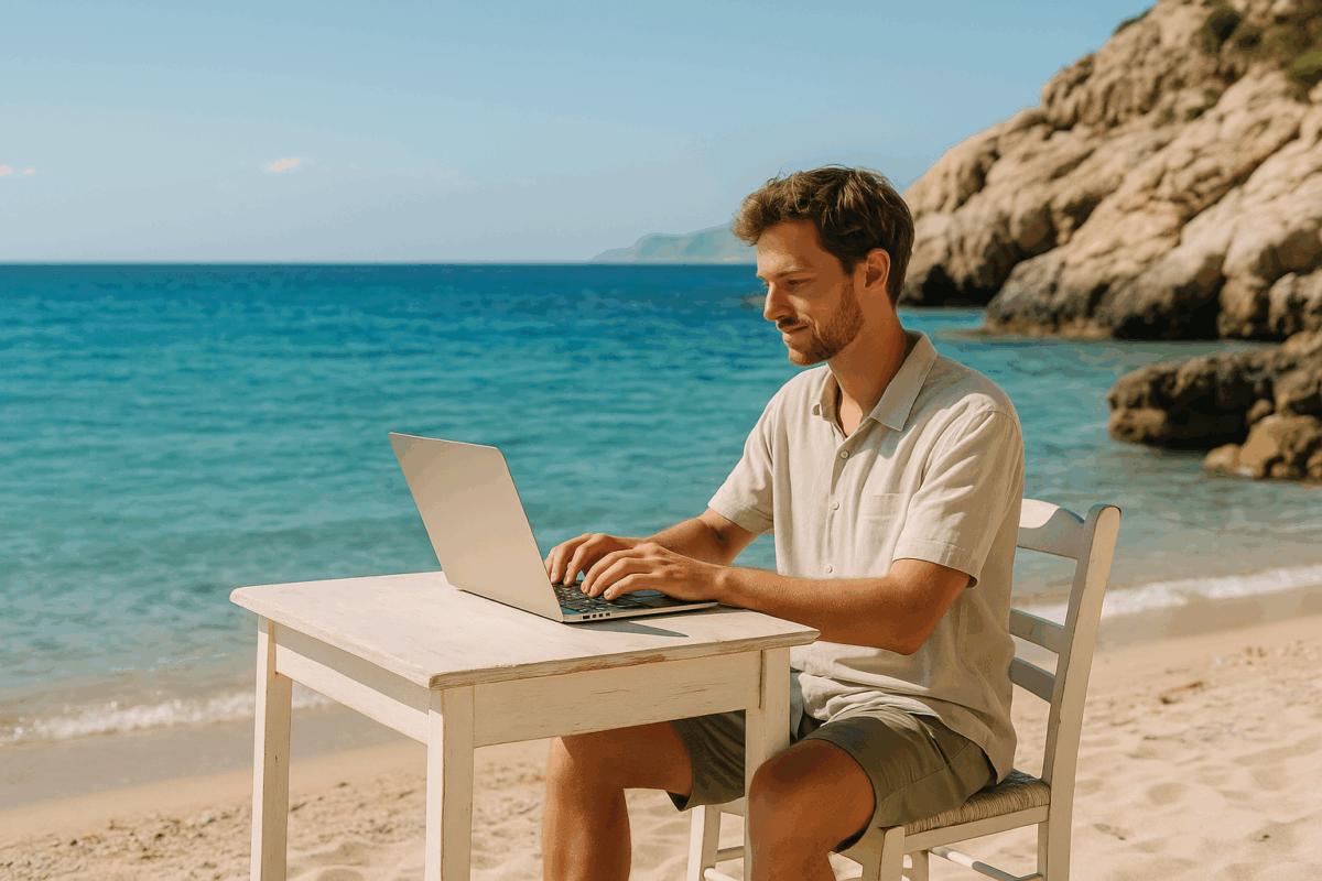 Young man working remotely on a laptop at a desk placed on a sandy beach with turquoise water and rocky cliffs in the background, illustrating the lifestyle of a digital nomad